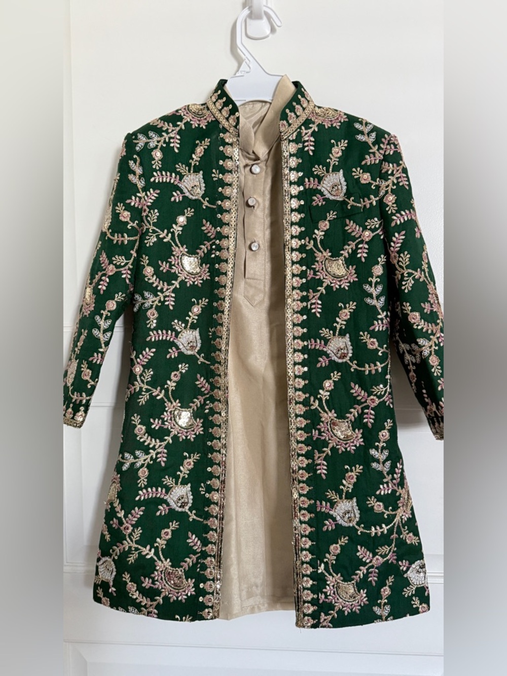 Embroidered Dark Green BOYS three piece sherwani set
